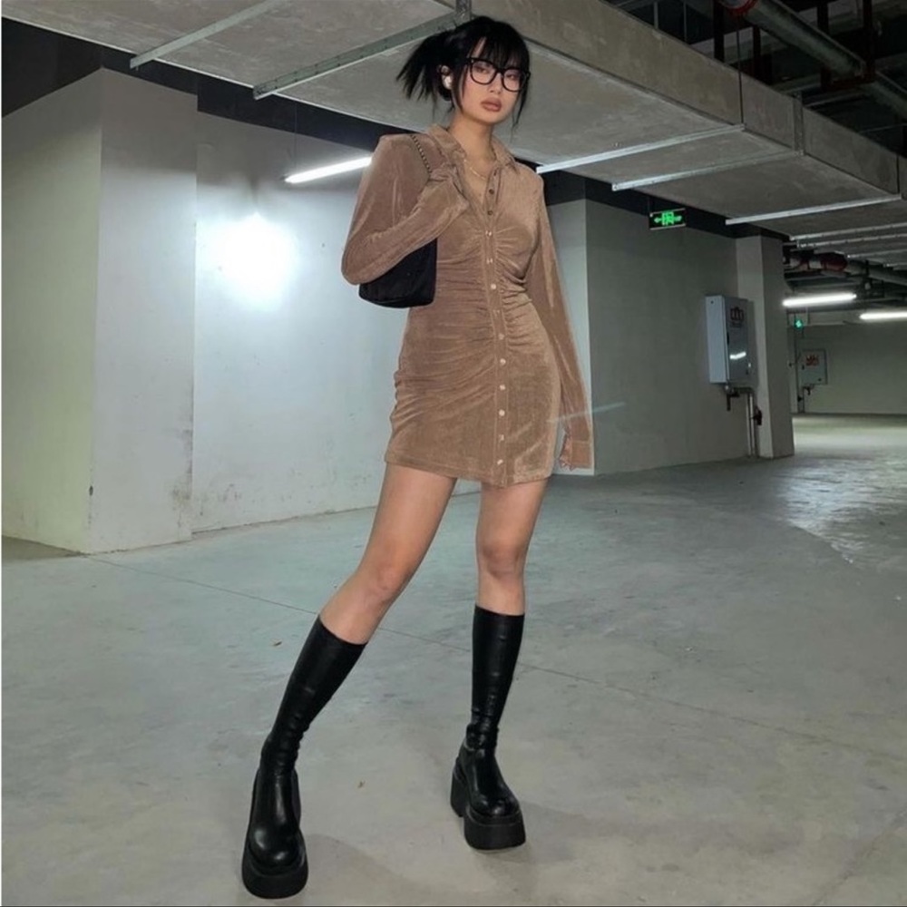 With Jean Andy Mini Dress Textured Shirt Button Down Long Sleeve Latte Small